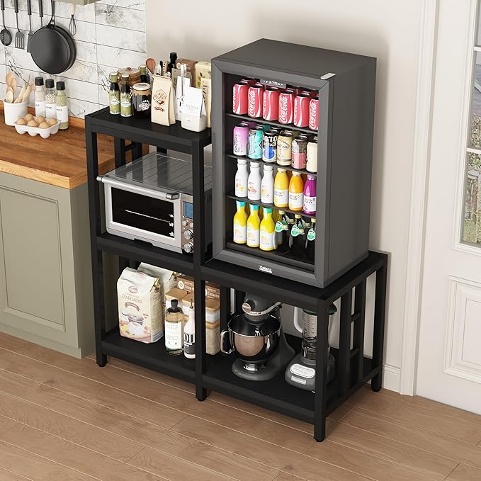 Mini Fridge Stand with Storage, Black Coffee Bar Cabinet with Mini Fridge Space, Microwave Stand and Bakers Rack for Kitchen, Dorm, Office, Home Beverage Station Organizer