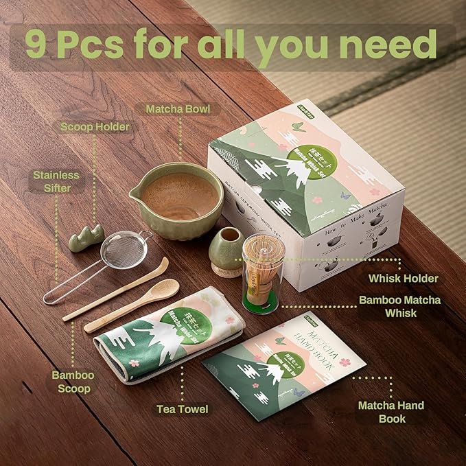Matcha Whisk Set，9 Pcs Ceramic Matcha Set, 15 OZ Matcha Bowl with Spout and Whisk for Friend, Ideal Gift for Matcha Lover（Starry）