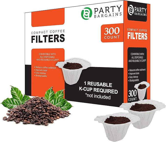 Party Bargains 300 Disposable Paper Coffee Filters – White Compact Design for Keurig Brewers and Compatible with K-Cup Pods 1.0 & 2.0 Models, single use coffee filters