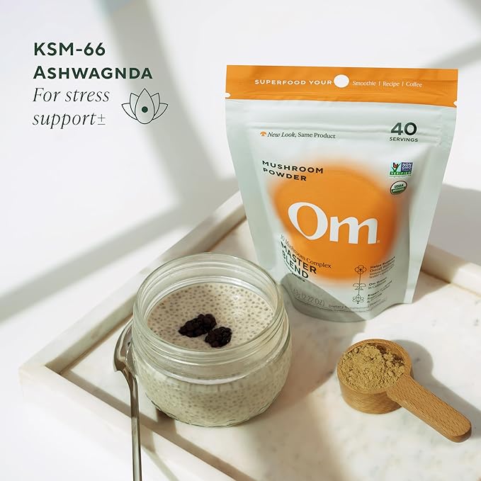 Om Master Blend Mushroom Powder – Organic Mushroom Supplement with 10 Mushrooms and Ashwagandha - Support Immunity, Gut Health & Stress Relief, 3.17 oz (40 Servings)