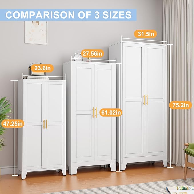 White Metal Storage Cabinet, 48" Steel Cabinets for Home Office, Kitchen Pantry Storage Cabinet with Doors and 3 Adjustable Shelves, for Office, Home, Garage, School