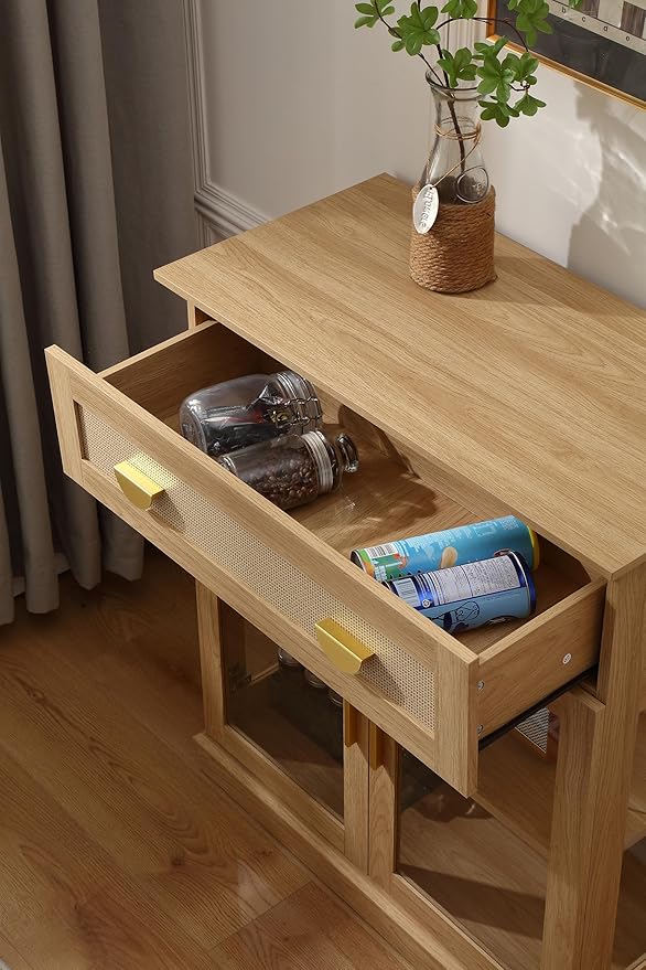 31.5'' Small Buffet Cabinet with Glass Doors,Small Coffee Bar Cabinet with Storage,Modern Sideboard with Adjustable Shelf and a Drawer,for Kitchen,Natural