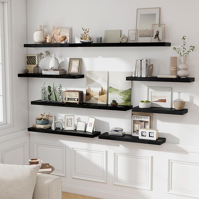 Fun Memories 55 Inch Long Floating Shelves for Wall, 8" Deep Floating Shelves for Bathroom Living Room Bedroom, Black Rustic Wall Mounted Shelf with Invisible Heavy-Duty Bracket, 2 Pack