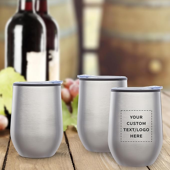 DISCOUNT PROMOS Custom Stemless Wine Tumblers 12 oz. Set of 1, Personalized Bulk Pack - Insulated, Perfect for Wine, Cocktails, Other Hot & Cold Beverages - Silver