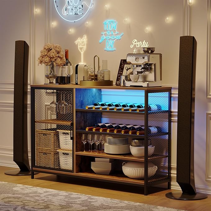 Wine Bar Cabinet with USB Charging & RGB Lights, Modern Liquor & Coffee Bar Station with Adjustable Shelves, Glass Holder, for Kitchen, Living Room, Dining Room
