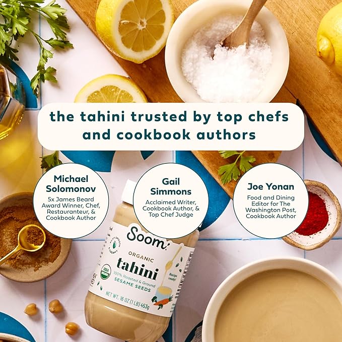 Soom Foods Organic Tahini 16oz (1 Pack) | Roasted & Ground Sesame Seed Paste | Creamy Tahini for Dubai Chocolate, Hummus, Sauces | Vegan, Nut-Free, Gluten-Free, Kosher, Keto, Paleo, Whole30