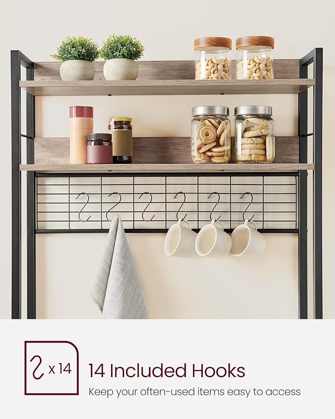 VASAGLE Bakers Rack with Power Outlet, Microwave Stand, Kitchen Tall Utility Storage Shelf, with Metal Wire Panel, 14 Hooks, 15.7 x 31.5 x 66.9 Inches, Heather Greige and Ink Black UKKS025B02