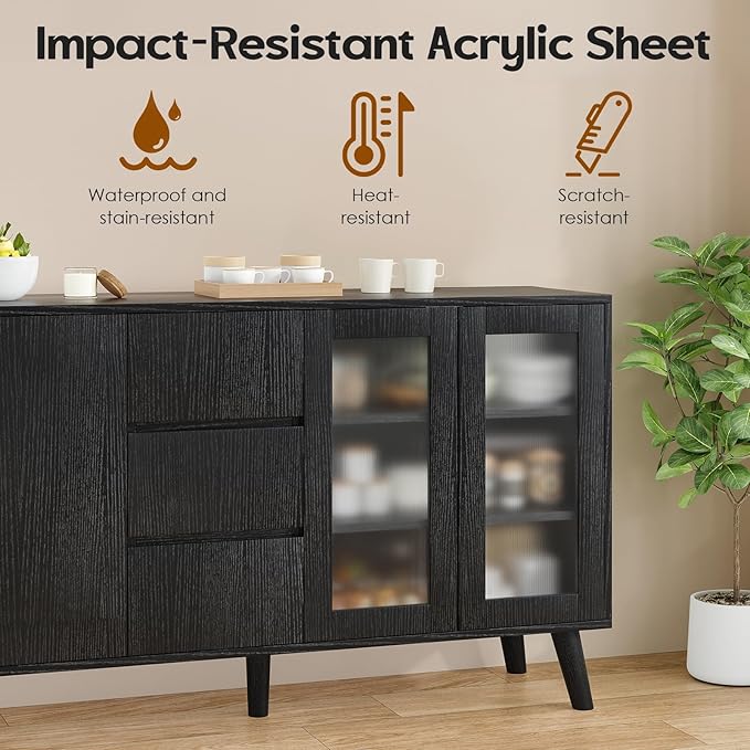 Soohow Farmhouse Buffet Cabinet, 55.5" Coffee Bar with 3 Drawers and Pop-Up Doors, Large Rustic Sideboard for Dining Room, Kitchen, Hallway, and Living Room