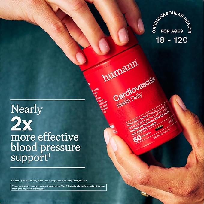 Humann Cardiovascular Health Daily, 4-in-1 Vascular & Blood Pressure Support, Grape Seed Extract & Hyaluronic Acid Circulation Supplement, Plant-Based Non-GMO, 60 Capsules
