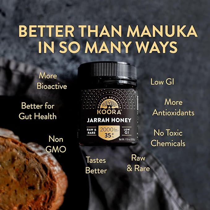 KOORA Jarrah Honey TA 35+ (MGO 2000+ Manuka Honey Rating Equiv.) Low GI, Raw Medicinal Honey for Daily Health & Immune Support, from the Wild Ancient Forests of Western Australia 8.8 oz
