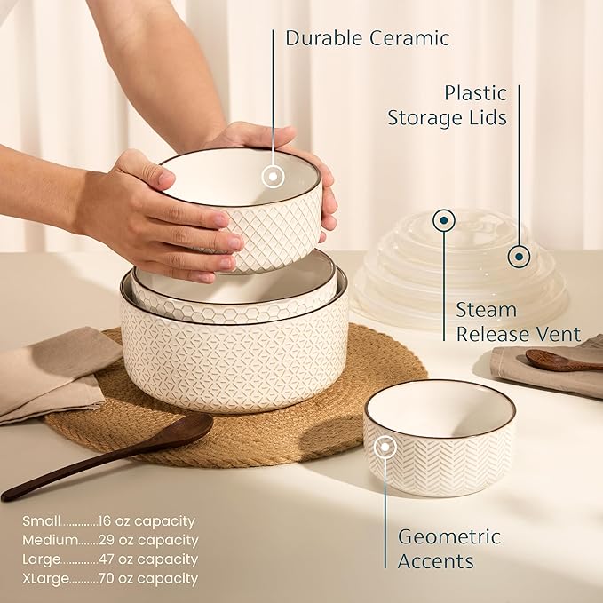 KooK Mixing Bowls, with Lids, Ceramic Nesting Bowls. Space Saving, Set of 4, Embossed, Kitchen, Prep, Stackable, Mix, Gift, Microwave and Dishwasher Safe, 16/29/47/70 oz, Narbonne Collection (Ivory)