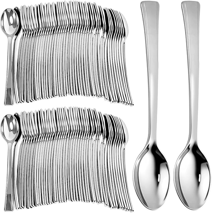 200 Pack Mini Plastic Spoons, 4.5 Inch Silver Plastic Spoons, Heavy Duty Disposable Appetizer Spoon, Mini Dessert Spoon for Coffee Desserts Cake Tasting Parties Weddings