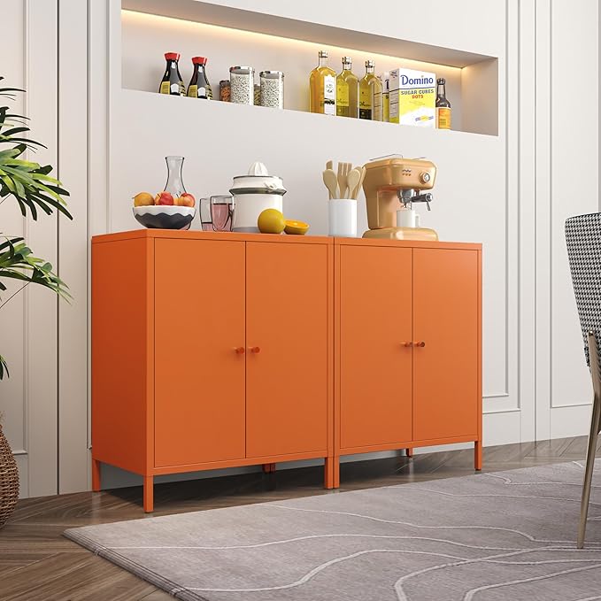 Small 2 Transparent Door Metal Storage Side Buffet Cabinet for Bed Room,Living Room,Entryway,Hallway,Home,Hotel,Office,Garage,Kitchen,1 Removable Shelf. (Metal Door, Orange)