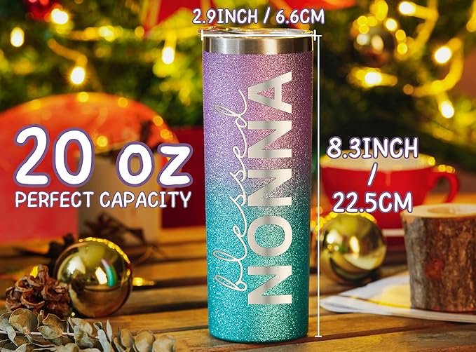 Onebttl Christian Grandma Gifts for Mother's Day, 20oz Purple & Blue Glitter Skinny Tumbler, Straw & Lid Included, Nonna Gifts - Blessed Nonna