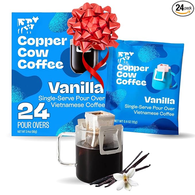 Copper Cow Coffee Premium Pour Over Single-Serve Vietnamese Coffee Pouches (24 pack) | Vanilla | Dark Roast | Flavored with Vanilla Beans | Convenient Vietnamese Ground Coffee Packets, Travel Friendly