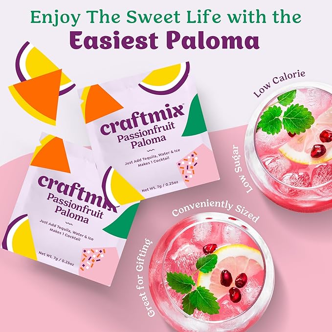 Craftmix Passionfruit Paloma Cocktail & Mocktail Drink Mixer, Skinny Mixes - Water Flavoring Packets - Made With Real Fruit - Vegan, No-Carb, No-Sugar, Non-GMO, Dairy Free, Gluten Free, 24 Pack