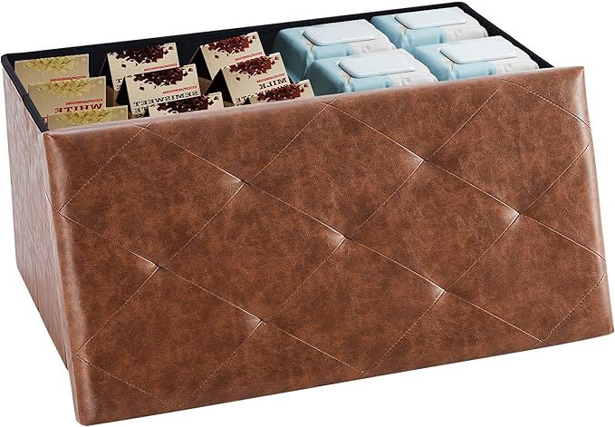 DUMOS 30 Inch Folding Storage Ottoman Bench - Synthetic Leather Footrest Stool with Storage Chest for Living Room & Bedroom, 660 LB Load Capacity, Modern Brown