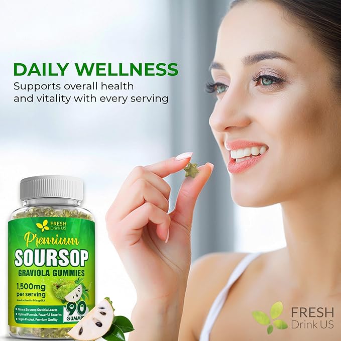 FRESHDRINKUS, 90 Max-Strength Soursop (Graviola) Gummies + Sea Moss & Turmeric — Cell Support • Non-GMO, Vegan, Sugar-Free Formula – Convenient Chewable Herbal Supplement