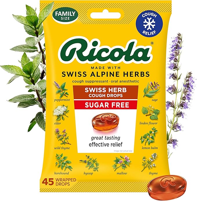 Ricola Swiss Herb Sugar Free Cough Drops with Menthol - Cough and Sore Throat Relief - 45 Count - Herbal Throat Lozenges
