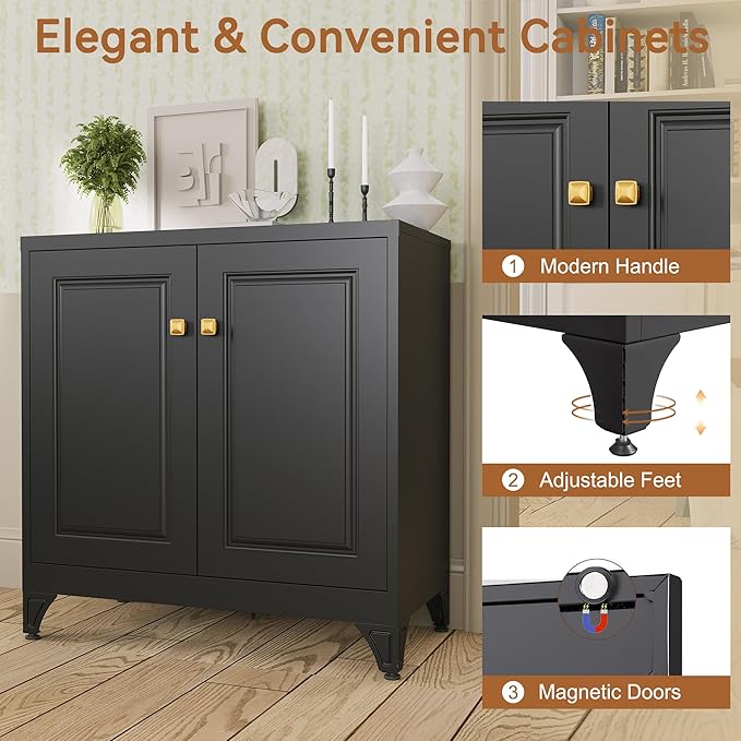 Sideboard Buffet Cabinet, 33" H Sideboard Buffet Storage Cabinet with Doors and Shelves, Coffee Bar, Metal Side Board Cabinets for Living Room, Assembly Required, Black