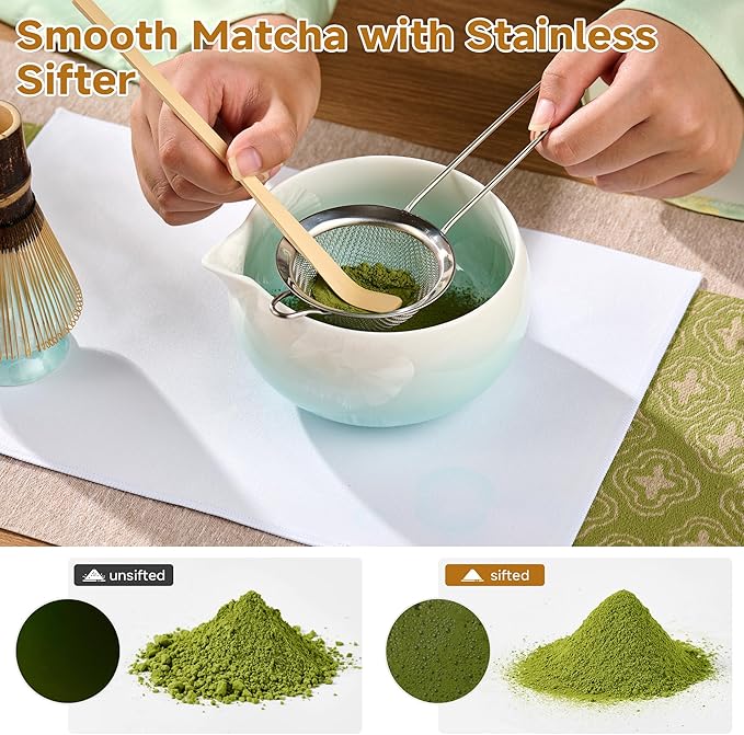 Matcha Whisk Set – Crystalline Glaze Bowl, Bamboo Whisk & Holder, Scoop & Sifter with Holder, Cup with Lid & Straw, Ice Cube Tray & Tea Towel – Blue Matcha Gift Set for Women, Christmas Gifts