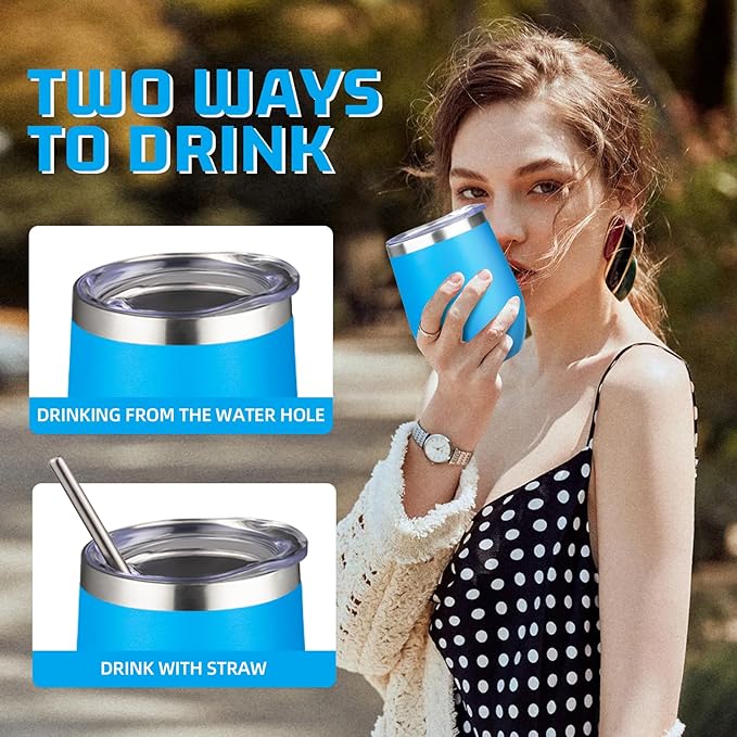 12oz/4 Pack Wine Tumbler Glasses with Lid Stemless Double Wall Vacuum Stainless Steel Travel Tumbler Keeping Cold & Hot for Wine,Coffee,Cocktails,Christmas Drinks-Family and Gifts(Multi color-7)