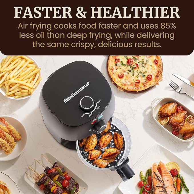 Elite Gourmet EAF2305 Glass Air Fryer, 2.4Qt Capacity, PFAS Free Ceramic Coated Ceralast™ Air Fry Rack, Adjustable Temperature 175°F to 400°F, 30-Minute Timer, 1150-Watts, 15 Recipes, Black
