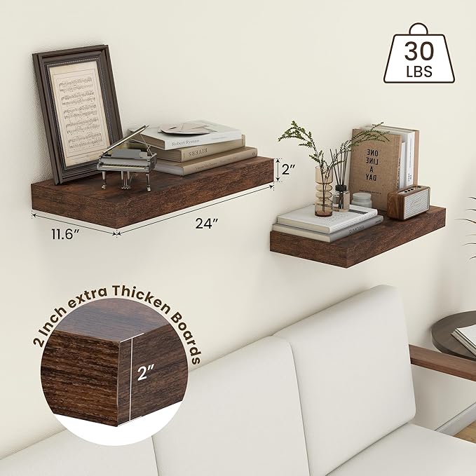 Deep Floating Shelves | 24 Inch Brown Floating Shelves Set of 2 | 12 Inch Deep Rustic Wood Shelves for Wall | 24" W x 12" D Brown Shelves for Living Room Bathroom Laundry Room Kitchen