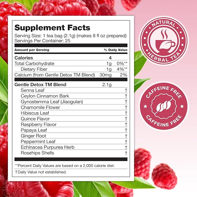 Total Tea SIimming Detox Tea Caffeine Free - 25 Day Detox - Herbal Tea with Chamomile, Hibiscus Tea & Ginger Root for Colon Cleanse – Natural Raspberry Fruit Tea