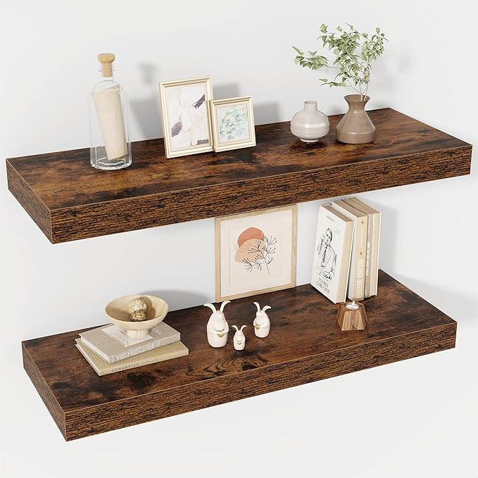 30 Inch Floating Shelves, 12" Deep Floating Shelf Wall Mounted, 30" Wall Shelves, Rustic Deep Bookshelf, Extra Deeper & Thicker Display Shelves for Bedroom, Living Room, Brown, Set of 2