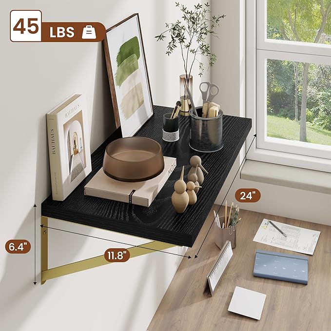 Deep Wall Shelves 24"W x 12"D Engineered Wood Floating Shelves for Wall, Sturdy Metal Bracket(Gold) Bookshelves Home Decor Storage for Living Room Bedroom Bathroom Kitchen, Set of 2, Black Finish