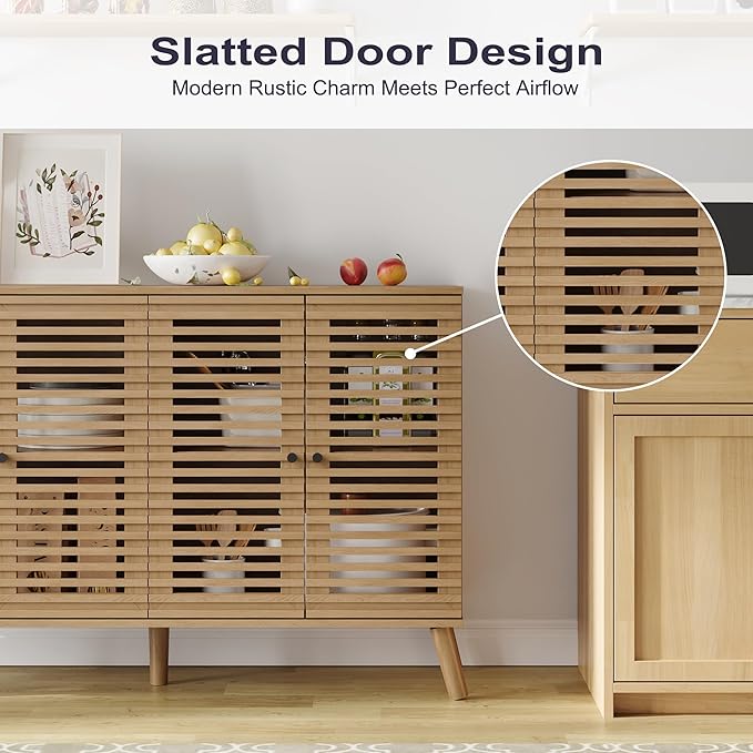 47" W Buffet Cabinet with 4 Slatted Doors, Mid-Century Buffet Sideboard with Shelves, Accent Storage Cabinets Cupboard Console for Living Room Kitchen Hallway, Oak