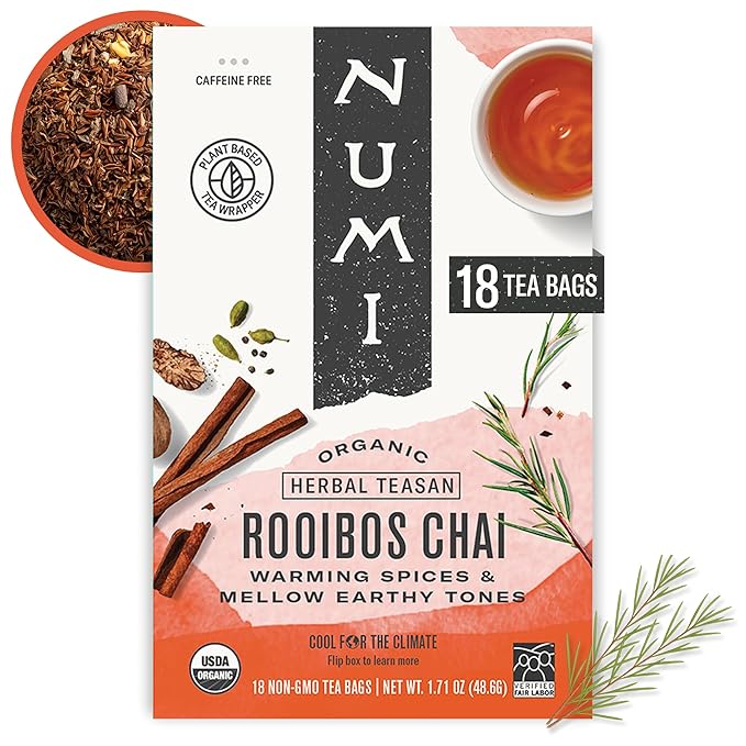 Numi Organic Rooibos Chai Tea, 18 Herbal Bags, Microplastic Free, Rich Flavor with Cinnamon, Allspice & Ginger, Caffeine Free
