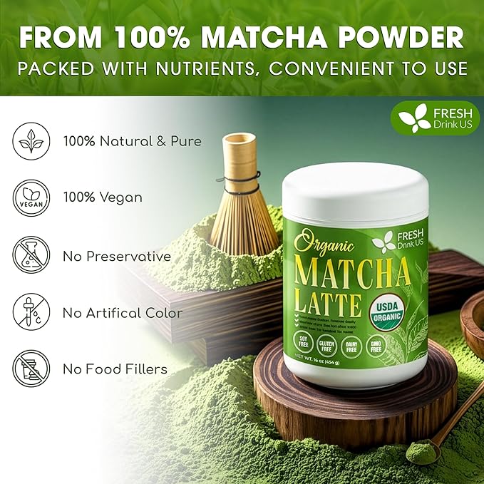FreshDrinkUS, Matcha Latte Powder 16 oz – Premium Japanese-Style Blend for Smooth, Creamy Matcha Drinks – Perfect for Lattes, Baking, Smoothies & Daily Enjoyment. Vegan