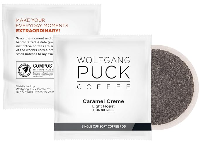 Wolfgang Puck Coffee, Caramel Cream, 9.5 Gram Soft Pods, 18 Count (Pack of 6)