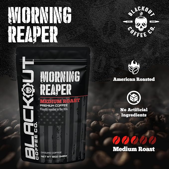 Blackout Coffee Morning Reaper Ground Coffee – Medium Roast, Bold & Strong Flavor – Freshly Roasted 12oz Bag.