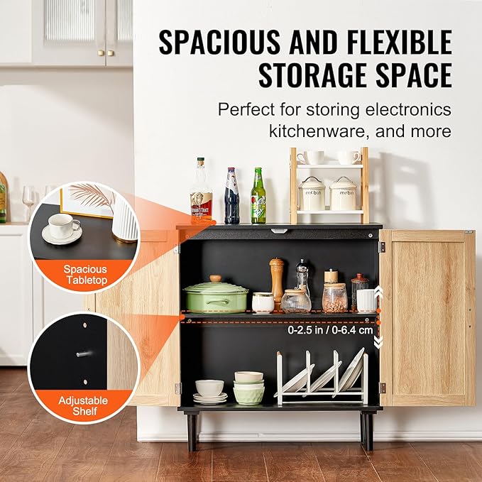 VEVOR Rattan Cabinet, Buffet Cabinet with Storage, Storage Cabinet with 2 Magnetic Doors and Adjustable Shelves, Sideboard Buffet for Hallway, Entryway, Living Room, or Kitchen, Black