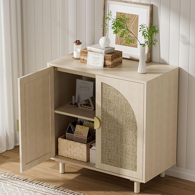 Small Buffet Cabinet with Storage, Credenza Cabinet with Rattan Decorated Doors, Magnetic Latch, Adjustable Shelf, 29.8x15.7x31.5 inches, Natural