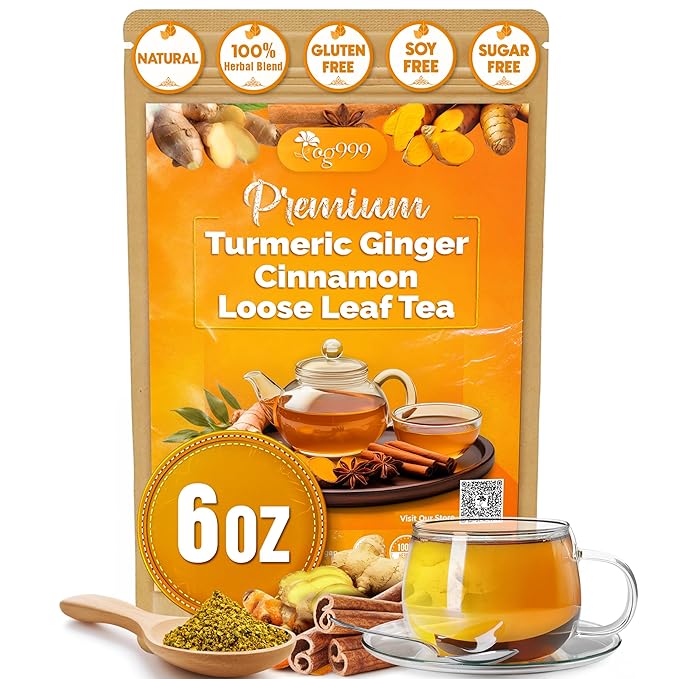 TOG999, Premium 6oz Ginger Turmeric Cinnamon Loose Leaf Herbal Tea - Premium Quality Spiced Herbal Blend – Caffeine-Free, Non-GMO, Natural Dried Roots and Bark. Vegan-Friendly.