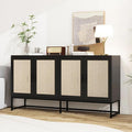 Kitchen Buffet Cabinet with 4 Rattan Decorated Doors, 59" Boho Cupboard with Metal Feet, Accent Buffet Console Storage Credenza for Living Room, Dining Room, Hallway, Office, Black