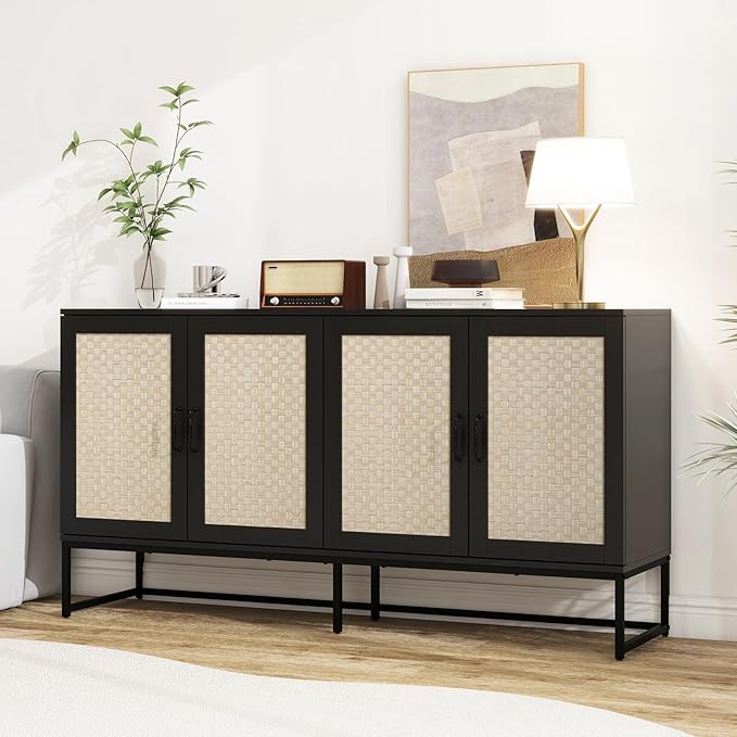 Kitchen Buffet Cabinet with 4 Rattan Decorated Doors, 59" Boho Cupboard with Metal Feet, Accent Buffet Console Storage Credenza for Living Room, Dining Room, Hallway, Office, Black