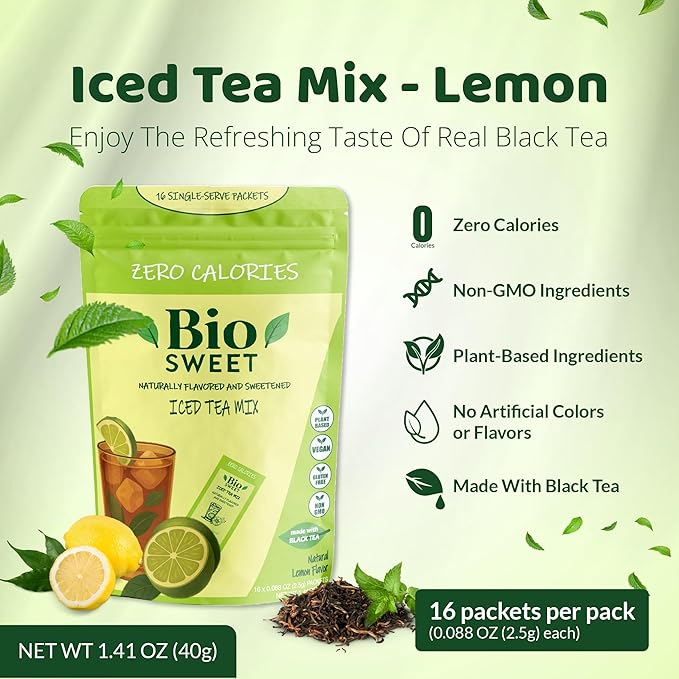 BioSweet Iced Tea Mixes - Lemon Flavor | Zero Calorie Mix from Real Black Tea | Naturally Sweetened & Flavored | Non GMO, Gluten Free, Vegan (16 single-serve packets)