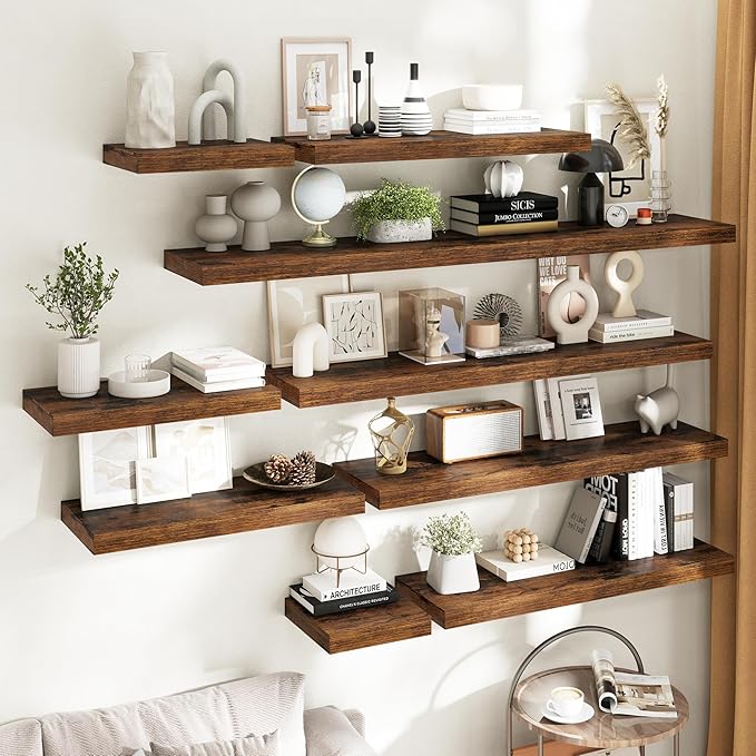 40 Inch Long Floating Shelves for Wall 2 Pack, 12"D Wood Grain Bathroom Shelves with Invisible Brackets, Easy Install Engineered Wood Storage Shelves for Kitchen, Living Room, Bedroom, Rustic Brown
