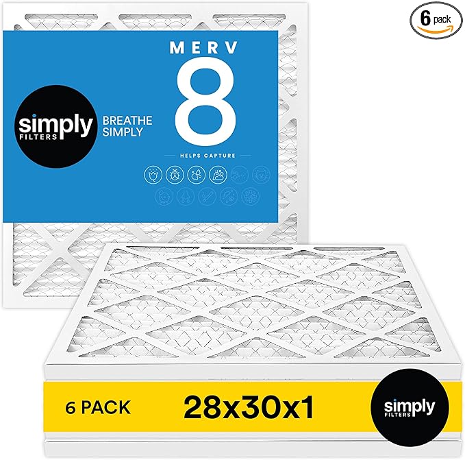 Simply 28x30x1 Air Filter, Merv 8, 6 Pack, For Home AC Furnace & HVAC (Actual Size: 27.75"x29.75"x0.75") DUST, Pet, & Allergy Control