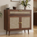 Rattan Sideboard Buffet, Boho Kitchen Cabinet with Drawer & 2 Doors, Modern Mid Century Accent Cabinet with Adjustable Shelf, Coffee Bar for Living Room, Entryway, Kitchen, Walnut