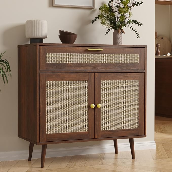 Rattan Sideboard Buffet, Boho Kitchen Cabinet with Drawer & 2 Doors, Modern Mid Century Accent Cabinet with Adjustable Shelf, Coffee Bar for Living Room, Entryway, Kitchen, Walnut
