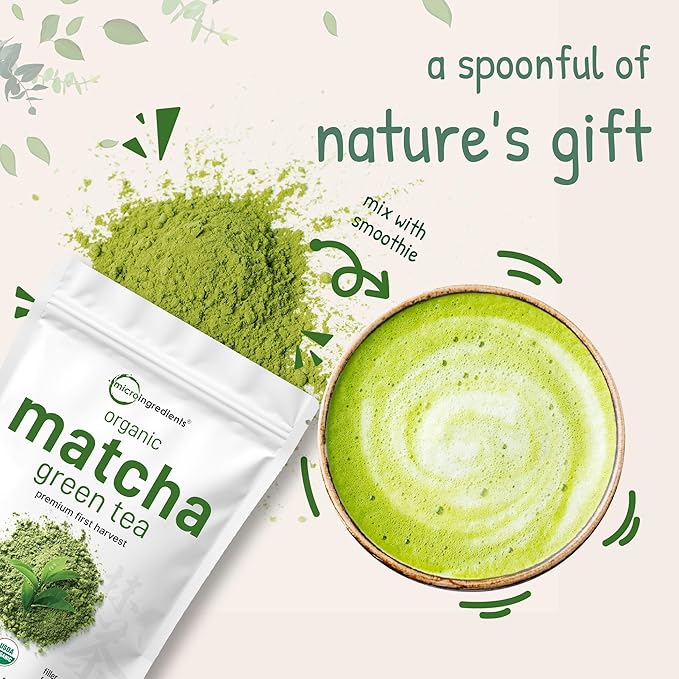 Micro Ingredients Organic Matcha Green Tea Powder, First Harvest, Culinary Grade from Japan, 100% Pure & Unflavored, Great for Tea, Latte, & Smoothies, Non-GMO, No Sugar, Eco-Friendly Packaging, 1 Lb