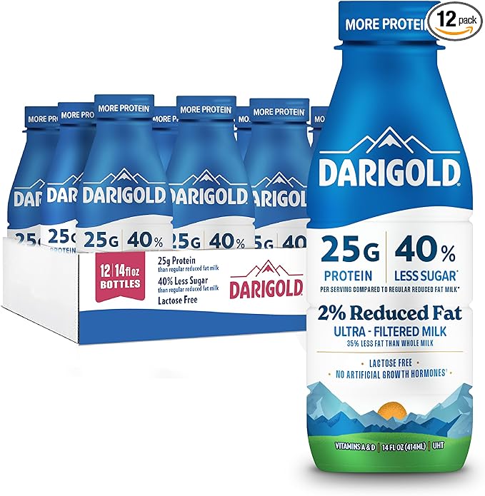 Darigold FIT High Protein Milk 2 Percent - Ultra-Filtered, Low Fat, Lactose Free - 25g Protein, 40% Less Sugar - 14oz Bottles, 12 Pack (White Milk)
