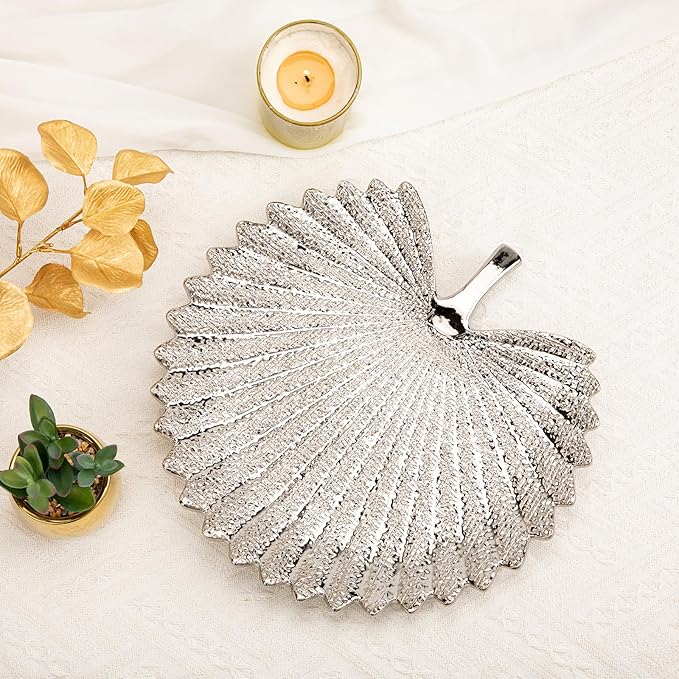 Silver Leaf Decorative Serving Tray for Table Centerpiece – 12" Ceramic Leaf-Shaped Trinket Dish, Candle Tray, Vanity Organizer, Coffee Table Decor, Modern Glam Home Decor, Gifts for Women