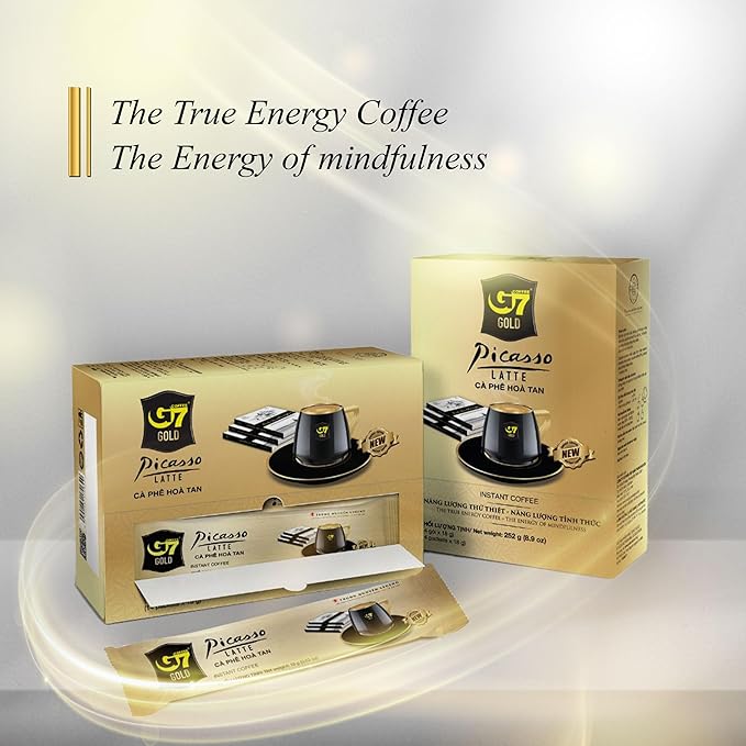 TRUNG NGUYEN G7 Gold Picasso Latte Instant Coffee Single Served Sticks for Energy Boost (8.9 oz - Box of 14 Sticks)